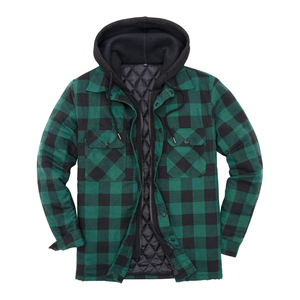 Men's Green Plaid Hooded <b>Flannel</b> Shirt <b>Jacket</b> With Quilted Lining Windproof Casual Winter Wear Regular Fit - Product Image 1