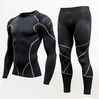 Ensemble de compression pour homme noir à manches longues, col rond, respirant, séchage rapide, en Spandex et Polyester, haut et pantalon, toutes saisons, kit uni