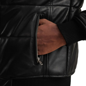 Veste matelassée en cuir véritable noir pour homme, col montant, fermeture éclair, coupe-vent, manteau d'hiver - Product Image 6