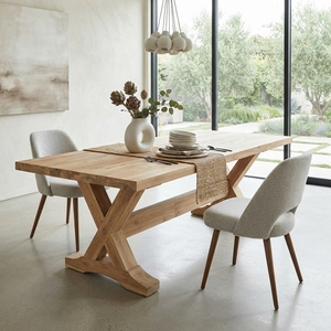 Mesa de Comedor Larga de Madera Maciza Rústica, Estilo Granja, Base de Caballete con Marco en X, Mesa Rectangular Grande de Madera de Teca, Muebles para Comedor - Product Image 5