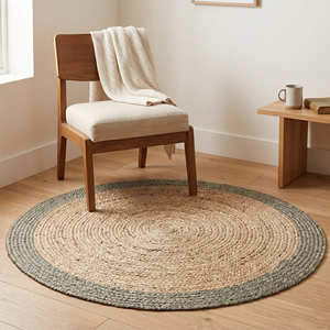 Navy Blue <b>Round</b> Braided Jute Rug, Handwoven Circular Floor Rug for Coastal Living Rooms - Product Image 4