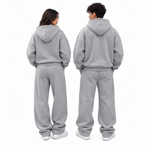 Unisex Gray <b>Tracksuit</b> Set Oversized Zip Hoodie Wide Leg Sweatpants Casual Streetwear <b>Matching</b> <b>Couple</b> Autumn Wear - Product Image 2