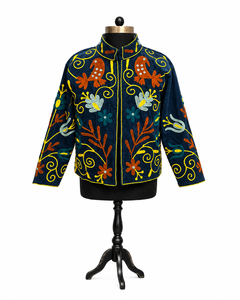 Hand Embroidered Velvet <b>Jacket</b> With Mandarin Collar Full Sleeve Floral <b>Pattern</b> Winter Style <b>Quilted</b> Design - Product Image 1