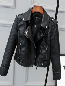 Chaqueta de Moto de Cuero PU para Mujer, Cuello Camisero, Cierre de Cremallera, Manga Larga, Color Sólido, Otoño, Largo Regular - Product Image 1
