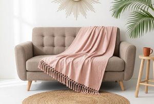 <b>Pink</b> Muslin Gauze Throw Blanket Tassel Woven Blanket Soft Breathable Sofa Cover for <b>Home</b> Hotel <b>Decor</b> - Product Image 1