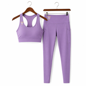 Conjunto de Yoga de 2 Piezas para Mujer, Color Morado, Leggings sin Costuras de Cintura Alta, Top Corto con Espalda Cruzada, Ropa Deportiva de Color Sólido - Product Image 1