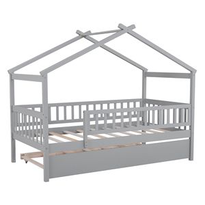 Letto a casetta in legno per bambini, doppia piazza, con letto estraibile grigio - Set completo - Product Image 6