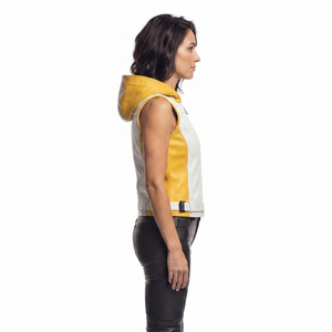 Chaleco de cuero con capucha para mujer, sin mangas, con cinturón, múltiples bolsillos frontales con cremallera, OEM - Product Image 3