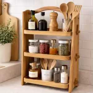 2 Tier <b>Corner</b> Spice Rack Organizer for <b>Kitchen</b> Countertop Acacia Wood Rustic Small Shelf Metal Frame Standing <b>Storage</b> Bathroom - Product Image 2