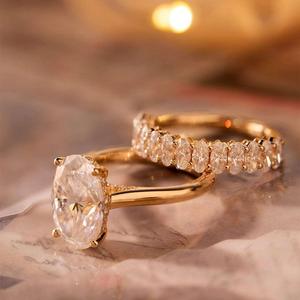 Custom 3 Carat Lab Created Diamond Real <b>Gold</b> <b>Ring</b> Boutique Style Oval Solitaire Handcrafted Shared Prong Statement Wedding <b>Set</b> - Product Image 1