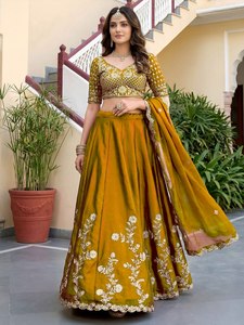 Yellow Velvet Embroidered <b>Lehenga</b> Choli With Floral Print A-Line Floor-Length Bridesmaid Dress Scoop Neck Three Quarter Sleeve - Product Image 2
