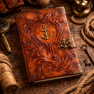 Journal en cuir fait main avec ancre - Carnet de bord nautique vintage et carnet de croquis vierge avec ancre intégrée et papier à bords festonnés - Product Image 1