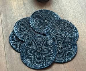 Handmade Navy <b>Blue</b> Beaded <b>Coasters</b> - Set of 6 - Decorative Cup <b>Coasters</b> - Product Image 2