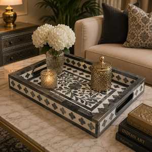 High Quality Wood <b>Tray</b> Classic Design Handcrafted Natural Bone Inlay MDF Food Inspired India for Serving Home Restaurants Hotels - Product Image 6