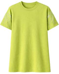 T-shirt en coton vert pour femme avec manches ornées de strass, col rond, manches courtes, style décontracté, haut tendance pour femme, personnalisable, vente en gros OEM - Product Image 1