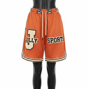 Pantalones Cortos de Baloncesto de Malla de Poliéster Premium de 160 GSM, Color Naranja, con Apliques de Chenille, Logotipo Personalizado y Bajo con Rayas - Product Image 1