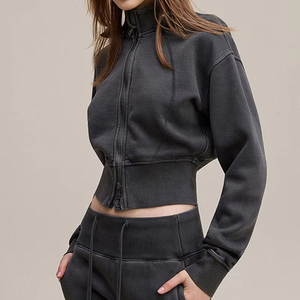Sweat à capuche court zippé pour femme, manches longues, couleur unie, en tricot de coton et élasthanne, respirant, séchage rapide, décontracté, pour l'automne - Product Image 6