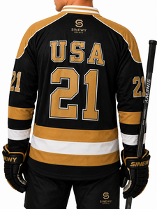 เสื้อฮอกกี้น้ำแข็ง SINEWY SPORTS USA สีดำทอง สำหรับผู้ชาย แบบคอวี แขนยาว ระบายเหงื่อได้ดี - Product Image 4