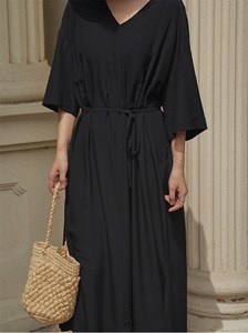 Women Black Plain Cotton Linen Maxi <b>Dress</b> With V-Neck <b>Loose</b> Fit 3/4 Sleeve Summer Casual <b>Dress</b> For Women - Product Image 4