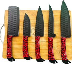 New Article Custom Made J2 Steel Powder Coated <b>Sharp</b> Hammered Blade 5-Piece Ambidextrous Kitchen Chef <b>Knife</b> <b>Set</b> W/Resin Handle - Product Image 5
