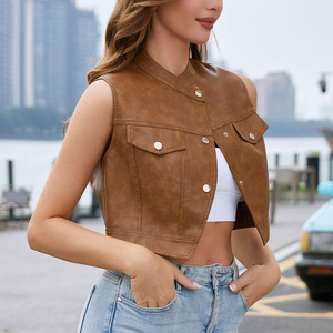 Chaleco de Cuero Genuino para Mujer, Color Marrón, Casual, Sin Mangas, Cuello Alto, Cierre de Broches, Top Corto, Prenda Exterior de Moda para Dama, Superventas - Product Image 2
