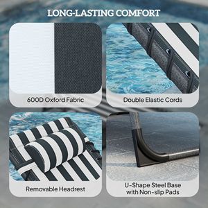 Blue White <b>Folding</b> <b>Outdoor</b> Chaise Lounge Chair with 5-Level Adjustable Back Side <b>Table</b> and Pillow Pocket for Poolside Tanning - Product Image 5