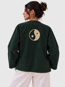 Chaqueta Verde Bordada con Sol y Yin Yang, Corte Holgado, Manga Farol, Cuello Chal, Larga, de Algodón, Estilo Primavera para Mujer - Product Image 5