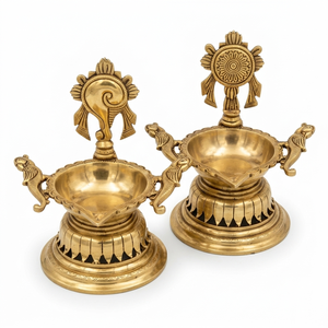 Handcrafted Brass Shankh Chakra Diya Set Decorative Back Oil Lamp Stand for Home Temple <b>Mandir</b> Puja Traditional Diwali Decor - Product Image 1