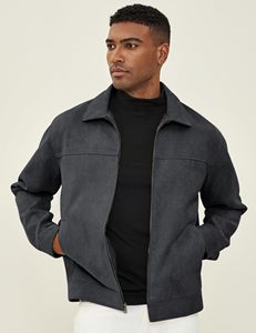 Men's Canvas <b>Racer</b> <b>Jacket</b> Turn-down Collar Zipper Closure Workwear Style Solid Black Regular Fit Autumn Wear - Product Image 1