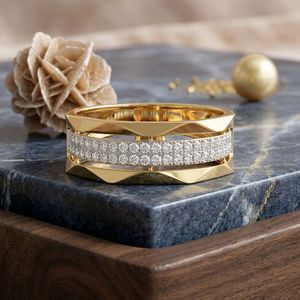 Yellow Gold Triple Row Lab Grown Diamond Geometric Wide Band Ring - Product Image 4