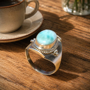 Bague large en argent sterling 925 pur avec larimar naturel, faite à la main, style bohème vintage, pour femme, cadeau d'anniversaire, bijoux - Product Image 6