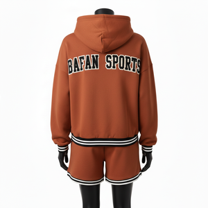 Women Hoodie Short Set 320 GSM Cotton Fleece <b>Rust</b> Brown Soft Heavyweight Chenille Applique Custom Logo Women's Sets - Product Image 2