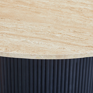 โต๊ะรับประทานอาหารทรงกลมหินอ่อนทราเวอร์ทีนสีเบจ พร้อมฐานไม้มะม่วงลายไม้แบบกลมเคลือบสีดำด้าน - Product Image 5