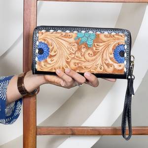 New Arrival Hand Tooled Genuine Leather Floral Design Zipper Clutch Western Style <b>Wallet</b> <b>Credit</b> <b>Card</b> Phone Holder For <b>Women</b> - Product Image 2
