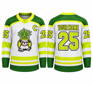 Camiseta de Hockey sobre Hielo Personalizada con Estampado Sublimado de Piña en la Parte Delantera, Manga Larga, Absorbe la Humedad, Protección UV, Unisex para Adultos, Blanca - Product Image 1