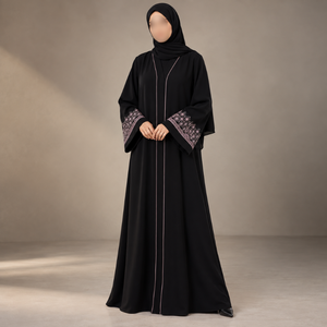 Robe Abaya brodée fluide pour femmes avec manches larges, tissu doux, robe islamique modeste |   Tenue musulmane élégante avec bordure rose chic - Product Image 1