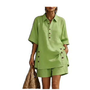 Ensemble 2 pièces en coton pour femme, vert, col rabattu, boutons sur le devant, coupe décontractée, tenue printemps-été - Product Image 2