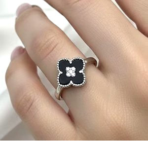 Top Quality Black Onyx Four Leaf Clover 14mm 925 Silver 18K <b>Gold</b> Plated CZ Diamond Center <b>Cocktail</b> Handmade <b>Ring</b> For Women Gift - Product Image 2
