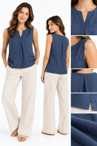 Camiseta sin Mangas Azul, Transpirable, de Lino/Algodón, Cuello en V Plisado, Corte Regular, Ropa Casual de Verano para Mujer, Ropa de Gimnasio Personalizada - Product Image 5