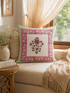 Pink Botanical Hand Block Printed Cushion Cover <b>Square</b> Cotton Decorative <b>Pillow</b> Cover for Sofa Couch and Lounge - Product Image 3