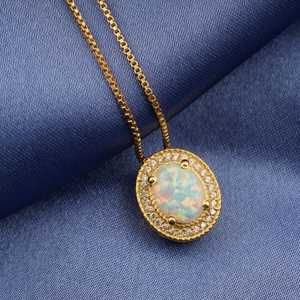 <b>Opal</b> Gemstone Oval Cut Pendant 925 Sterling Silver 14K Gold Plated Box Chain Wedding Event Jewelry Gift For Her - Product Image 4