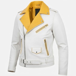Custom Unisex White & Yellow Biker Leather <b>Jacket</b> Motorcycle Zip Belted Fashion Coat Premium <b>Slim</b> <b>Fit</b> Moto <b>Jacket</b> for Unisex - Product Image 1