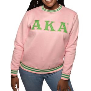 <b>Pink</b> AKA Embroidered Crew Neck <b>Sweatshirt</b> With Green Letter Detail Casual Pullover Knit Top Stylish Women Fashion Wear - Product Image 1