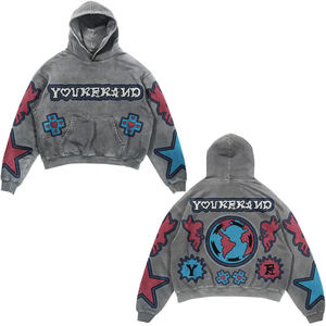 2026 Custom Fashion Heavyweight 500gsm Hip Hop Vintage Stone Washed Chenille <b>Distressed</b> Applique Embroidery Crop <b>Top</b> Hoodie - Product Image 2