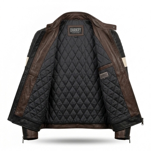 Chaqueta de Cuero Genuino para Hombre, Color Marrón, Negro y Crema, con Rayas, Personalizada, OEM, ODM, con Hombros Acolchados, Estilo Motero, Proveedor de Ropa al por Mayor - Product Image 5