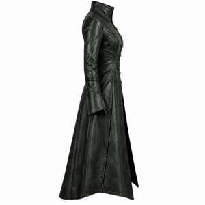 Forest Dark Green Leather Trench <b>Coat</b> Metal Clasp Stand Collar Long Duster Outerwear <b>Womens</b> Custom Factory Provider - Product Image 3