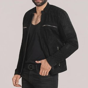 Chaqueta de cuero de gamuza negra para hombre, con cuello alto, cremallera, estilo motero, transpirable, a prueba de viento, ropa de abrigo de invierno, personalizada - Product Image 1