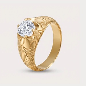 14K Yellow <b>Gold</b> 1.55 CT Round Lab Grown Diamond <b>Vintage</b> Engraved Signet <b>Ring</b> for Men - Product Image 2