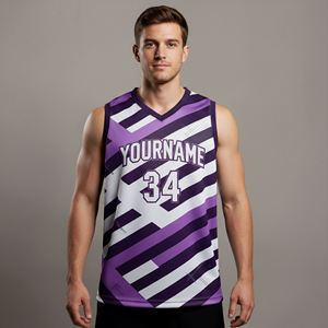 Camiseta de Baloncesto Sublimada Personalizada para Hombre, Cuello en V, Sin Mangas, Rayas Blancas y Moradas, Ajuste Atlético, Absorbe la Humedad - Product Image 4