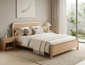 Modern Solid Wood Non-Foldable Platform <b>Bed</b> Frame Queen/<b>King</b> <b>Size</b> Lighted <b>Headboard</b> USB-C Charging Ports Eco-Friendly Natural - Product Image 5